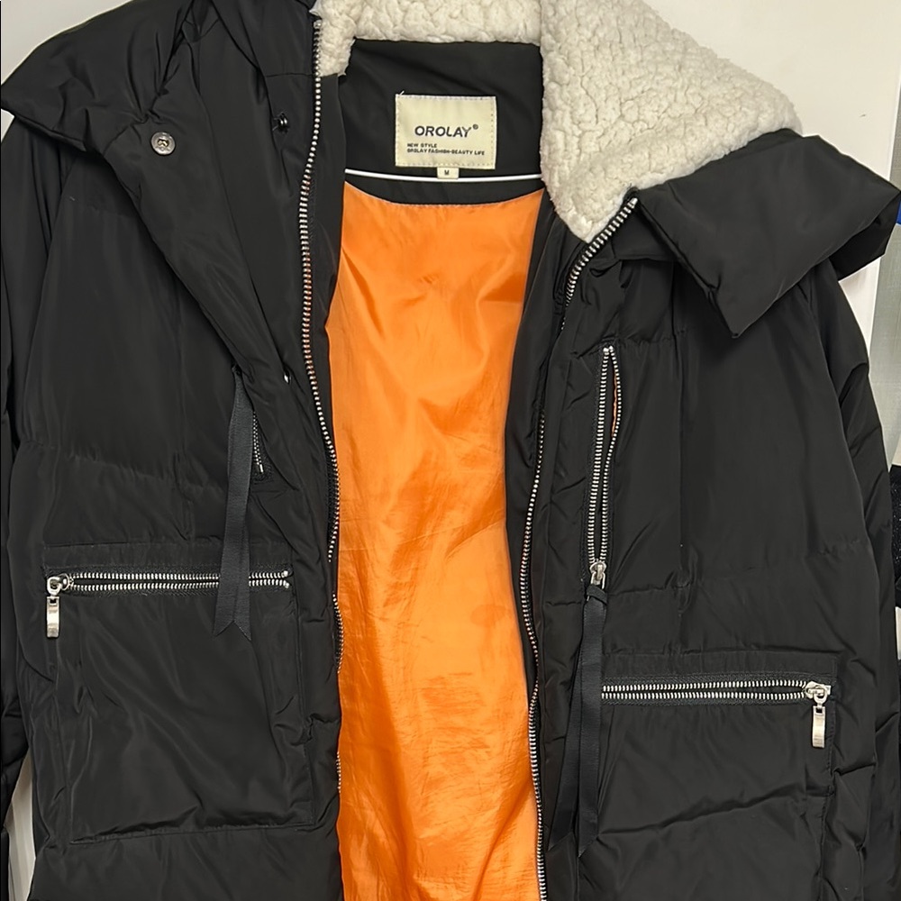 Orolay Black Puffer Jacket with Orange Lining